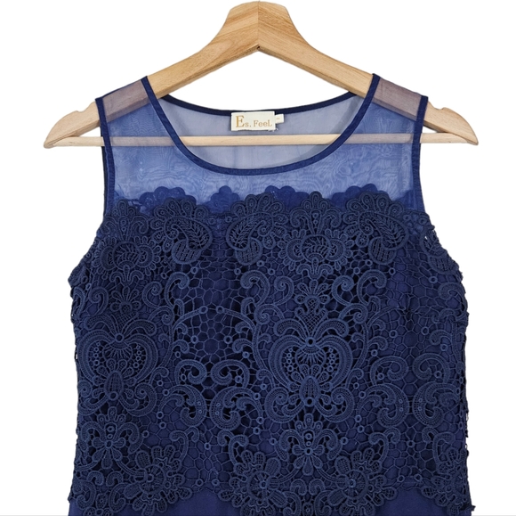 Es. Feel Dark Blue Lace Sleeveless Bridal Prom Formal Short Dress - Picture 4 of 10